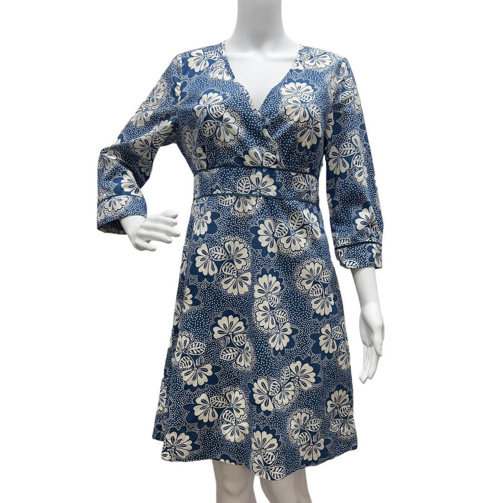 Boden Women A Line Dress Size 12R 3/4 Sleeve Side Zip Blue Florals Tie Back